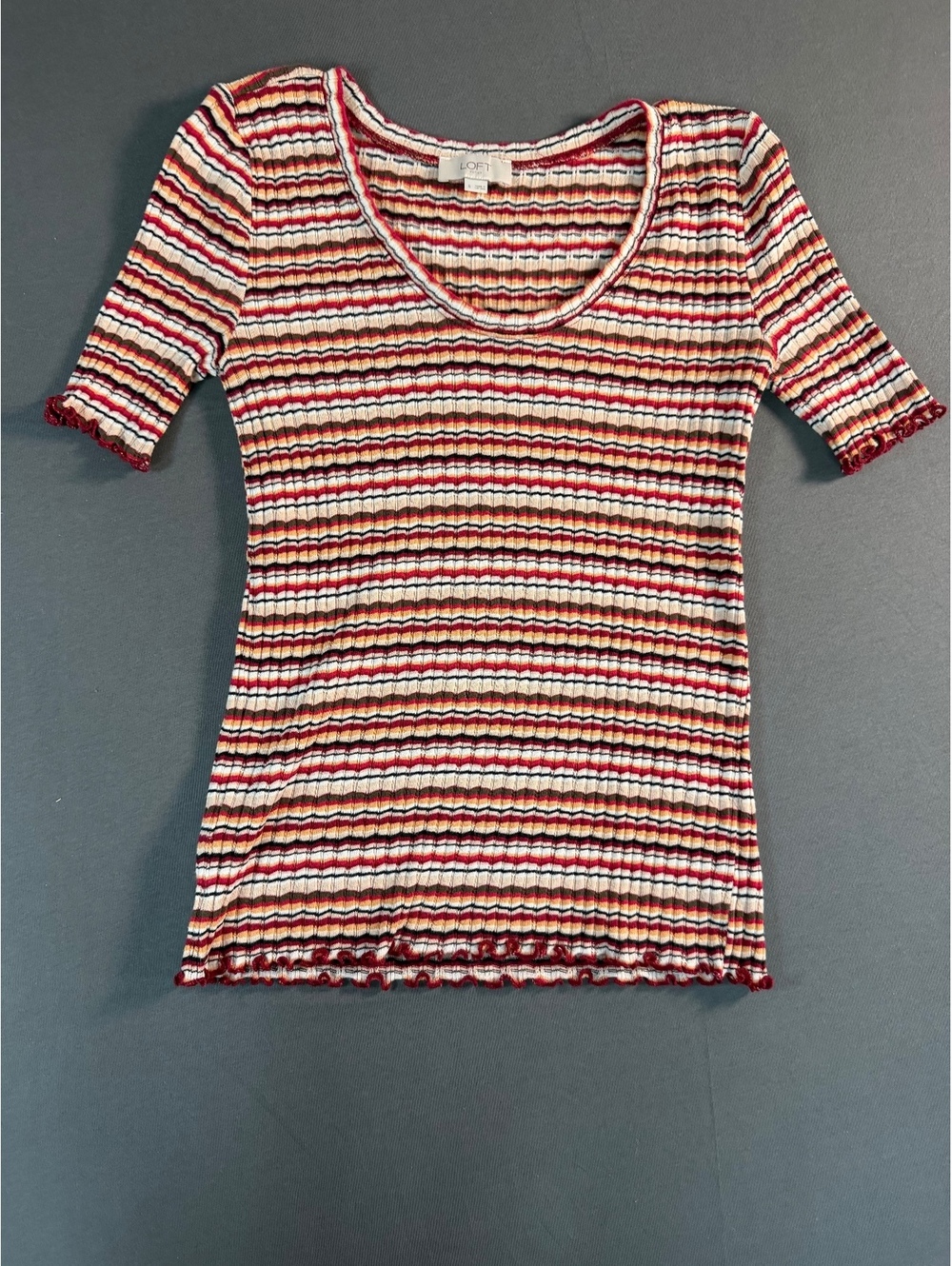 LOFT Striped Ribbed Knit Short Sleeve Top Size Small